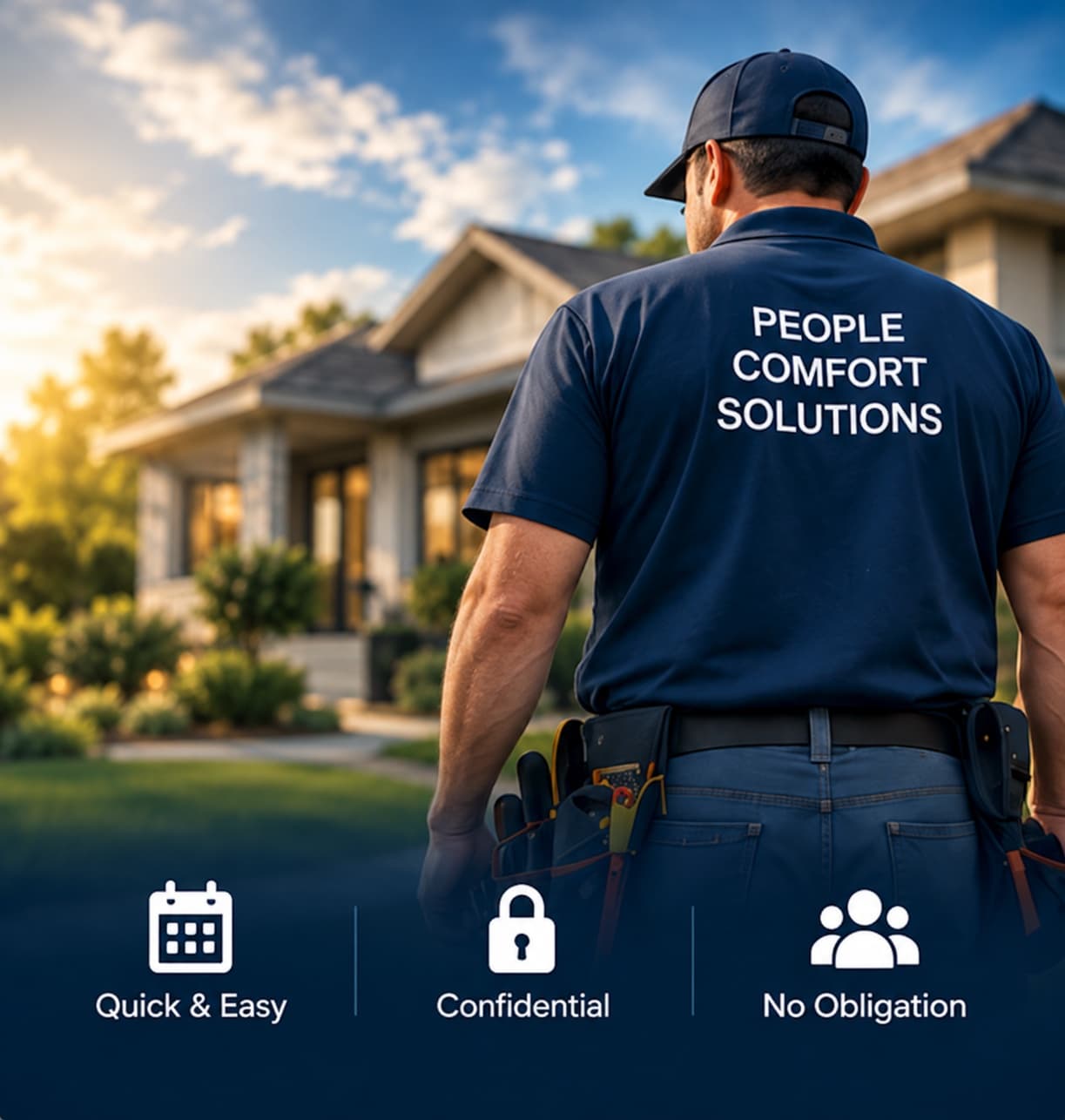 An HVAC technician seen from behind, walking toward a home at sunset. Quick and easy, confidential, no obligation.
