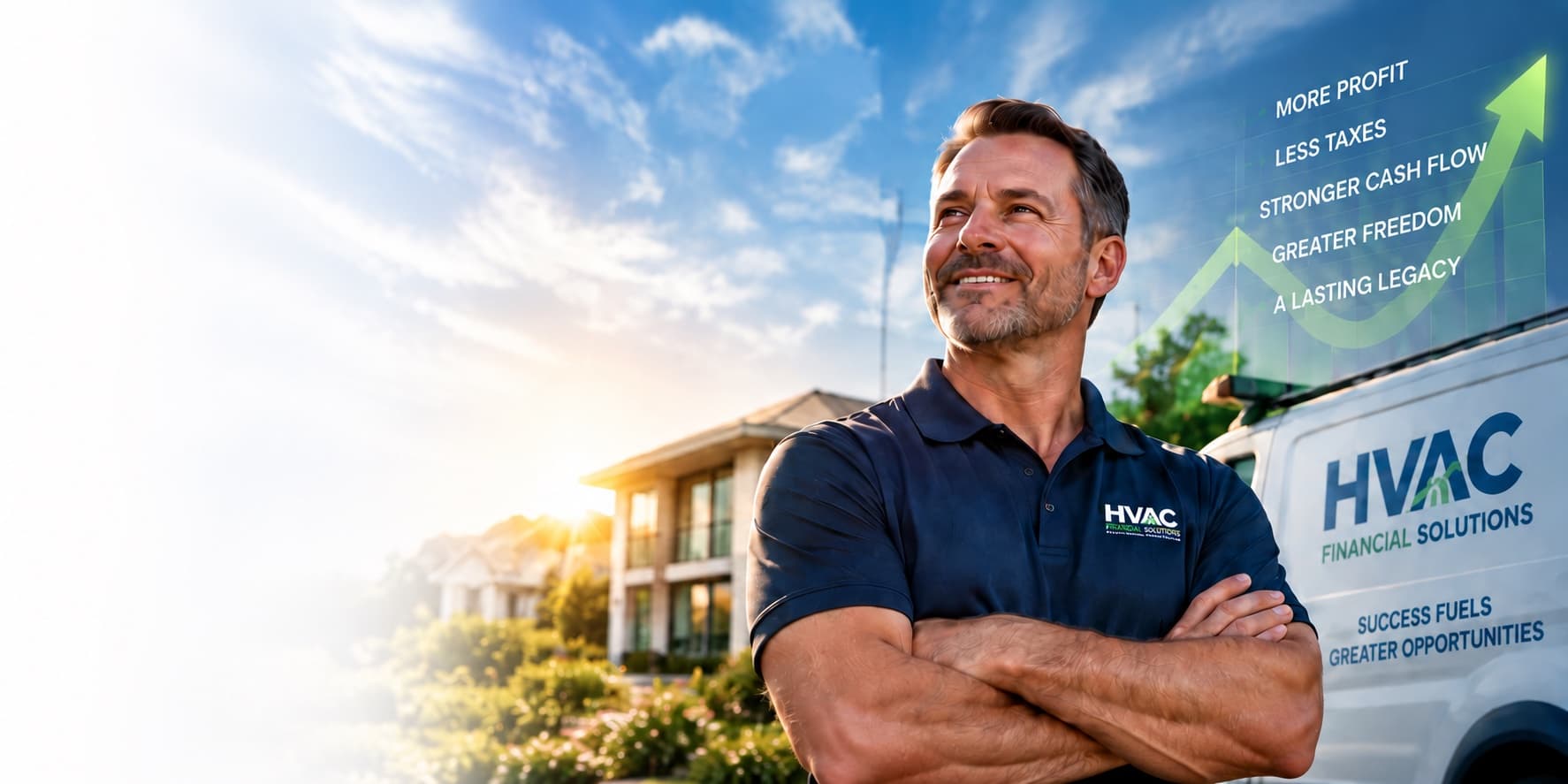An HVAC business owner standing with arms folded in front of a branded HVAC Financial Solutions service van.